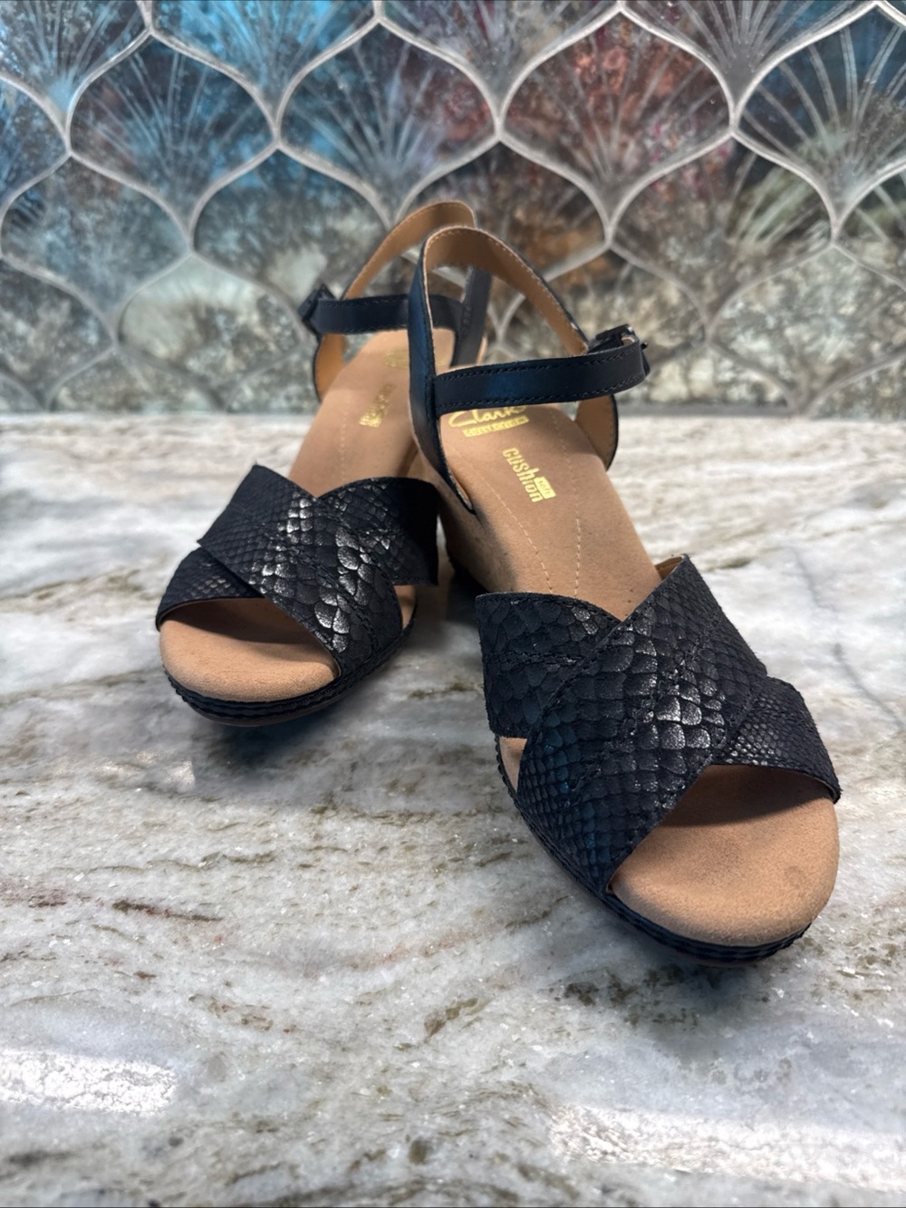 Clarks Black Snake-Texture Wedge Sandals - Picture 11 of 12
